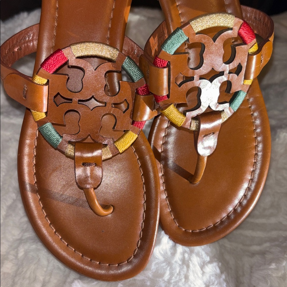 Tory Burch Miller Embroidered Brown Leather Thong Sandals - Picture 4 of 8